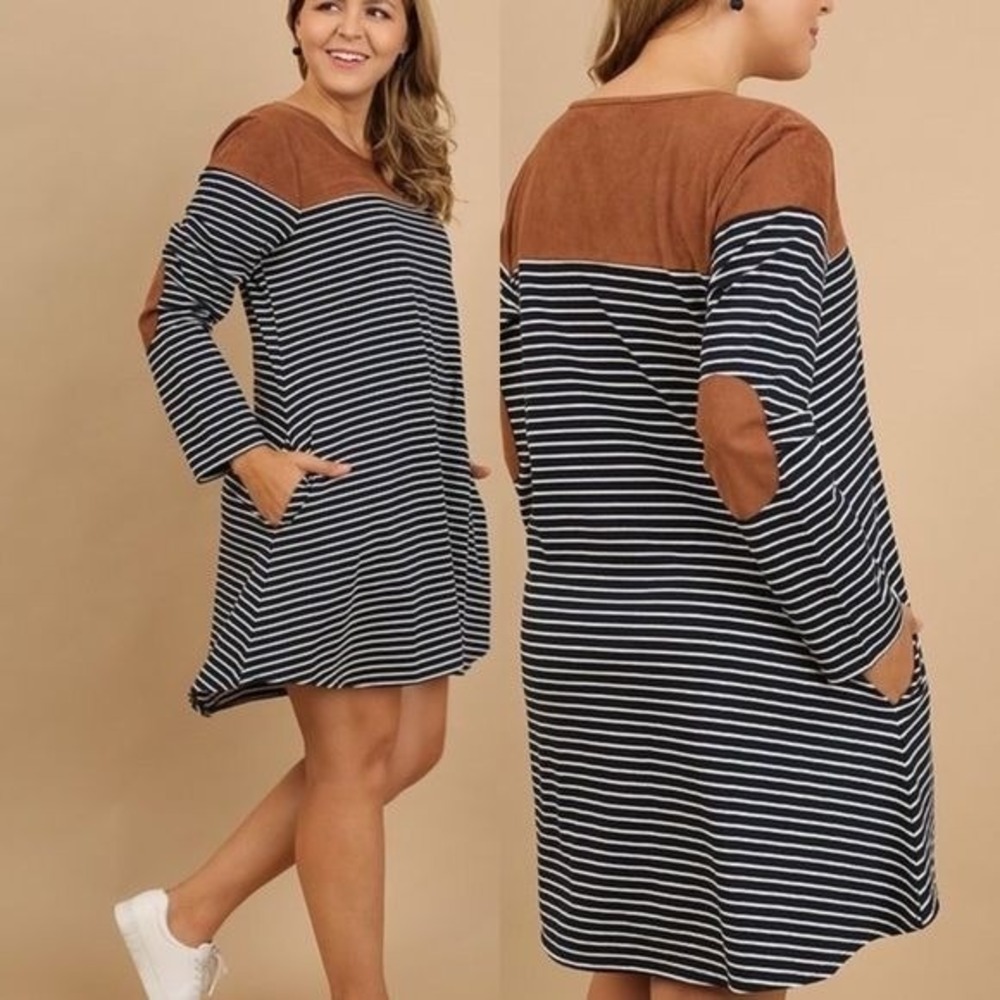 Umgee S Blue White Striped Tunic Dress Pockets‎ Brown Elbow Patch Fall Autumn